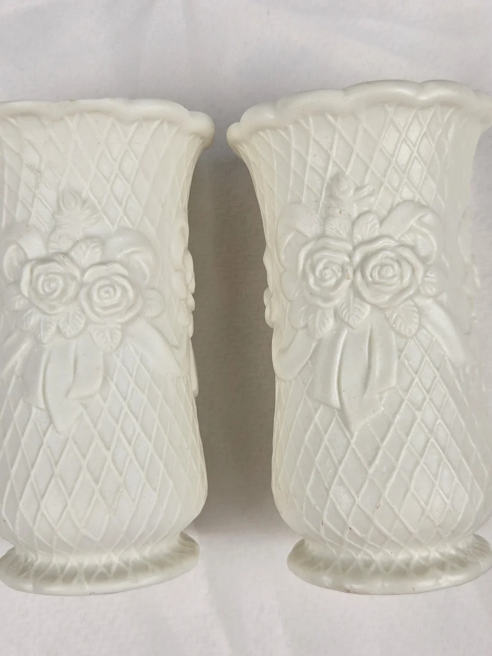 Pair of Vintage Porcelain Bisque Rose & Lattice Vases